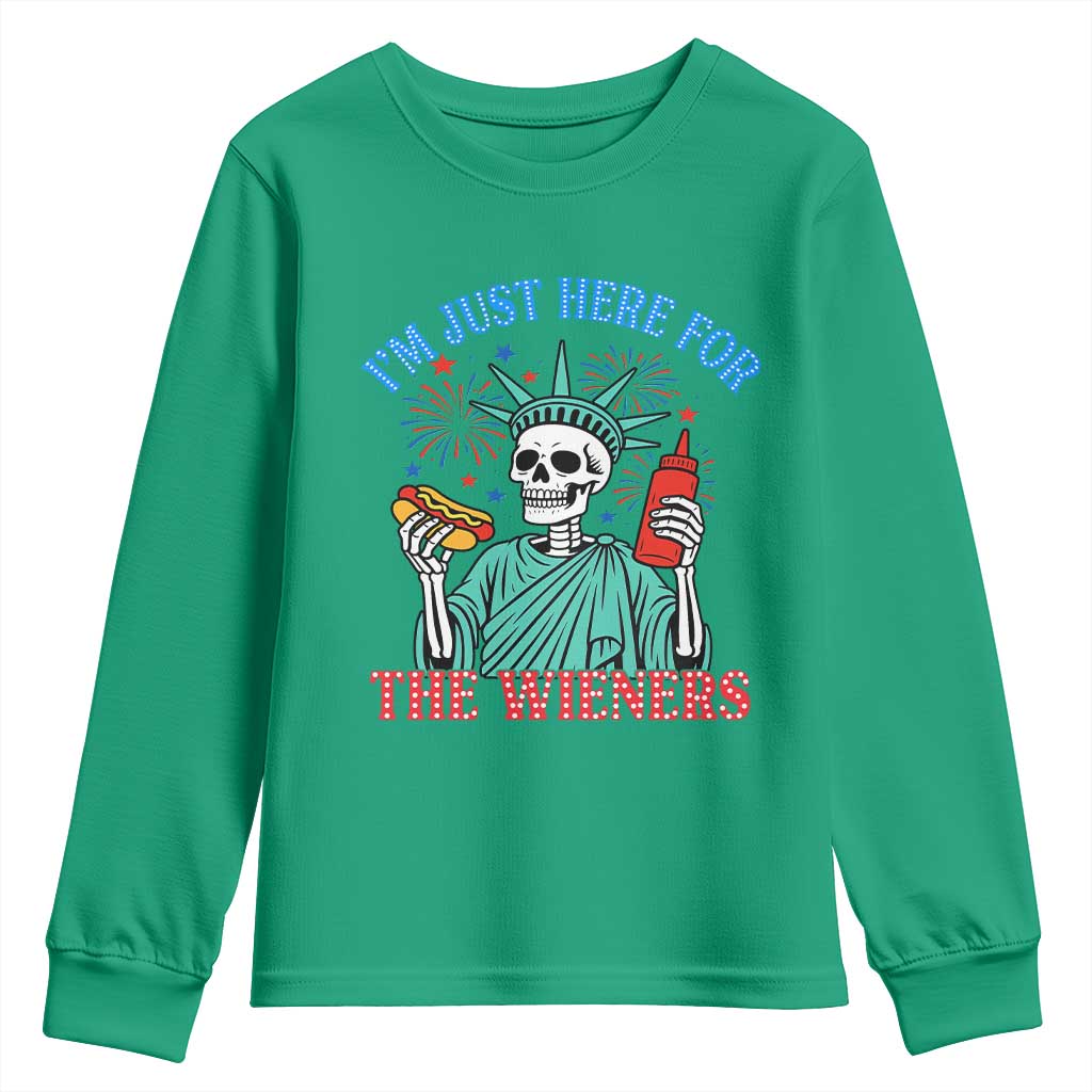 Funny Skeleton Lady Liberty Youth Sweatshirt I'm Just Here For The Wieners 4th Of July Hot Dog - Wonder Print Shop
