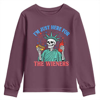 Funny Skeleton Lady Liberty Youth Sweatshirt I'm Just Here For The Wieners 4th Of July Hot Dog - Wonder Print Shop
