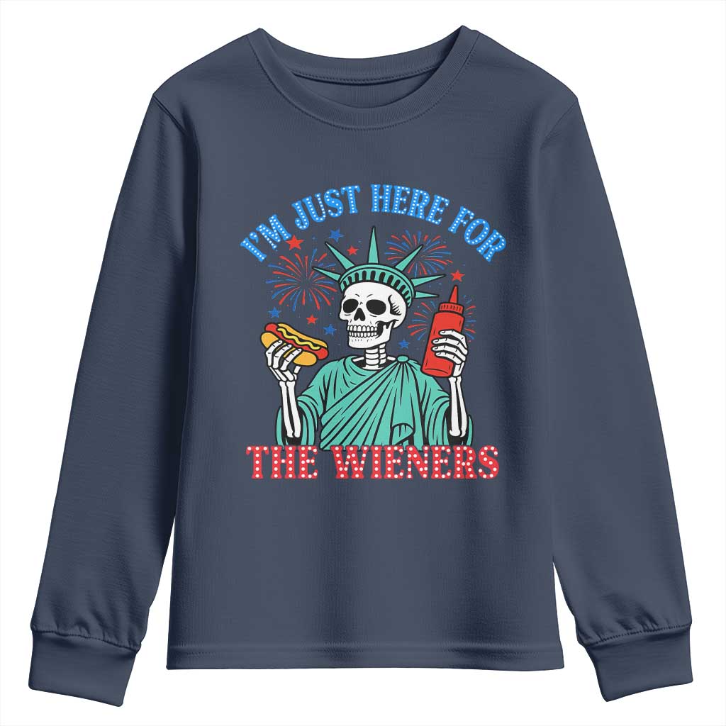 Funny Skeleton Lady Liberty Youth Sweatshirt I'm Just Here For The Wieners 4th Of July Hot Dog - Wonder Print Shop