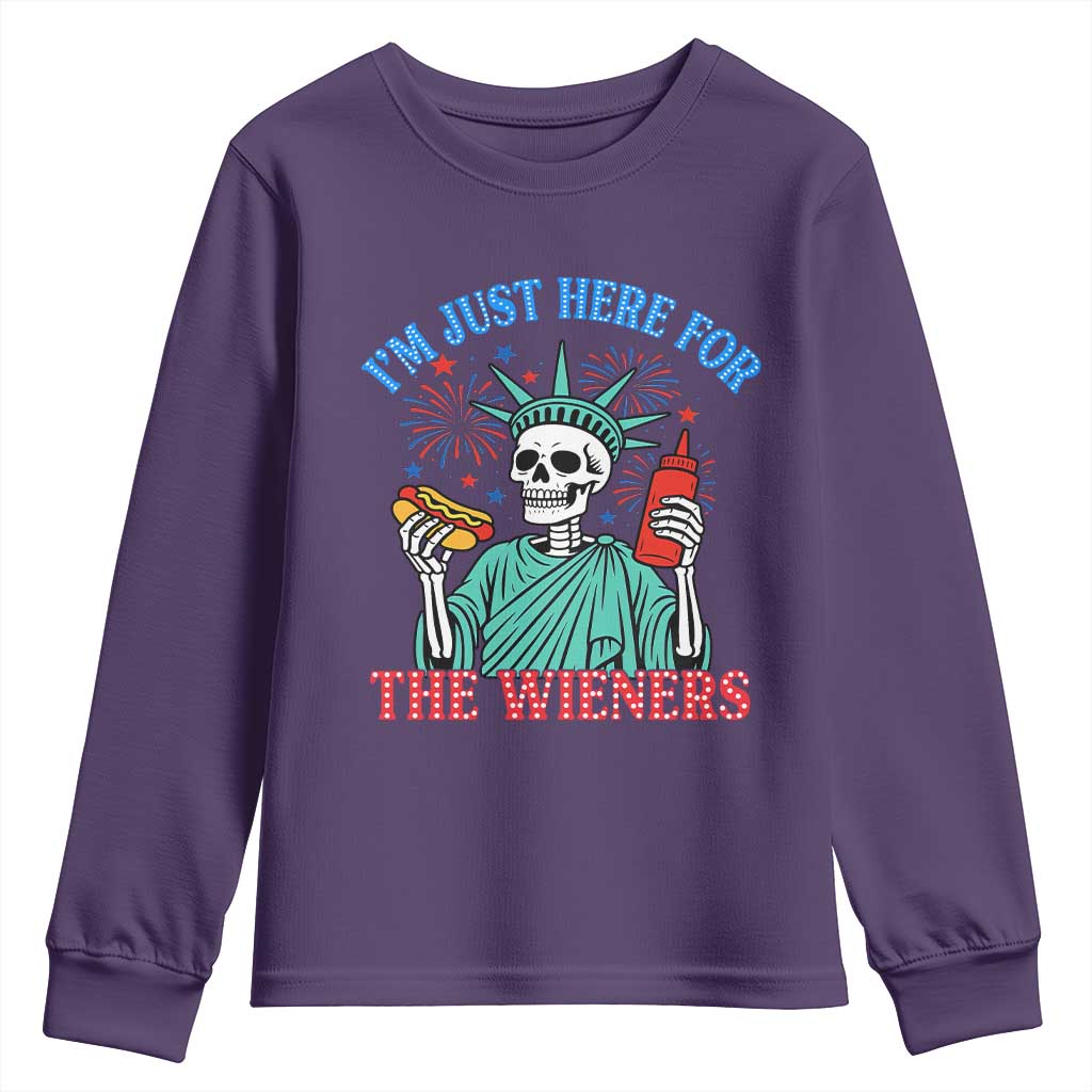 Funny Skeleton Lady Liberty Youth Sweatshirt I'm Just Here For The Wieners 4th Of July Hot Dog - Wonder Print Shop