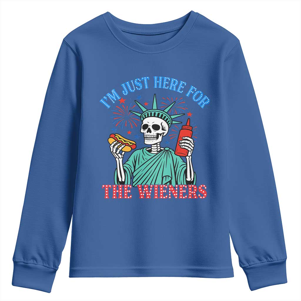 Funny Skeleton Lady Liberty Youth Sweatshirt I'm Just Here For The Wieners 4th Of July Hot Dog - Wonder Print Shop