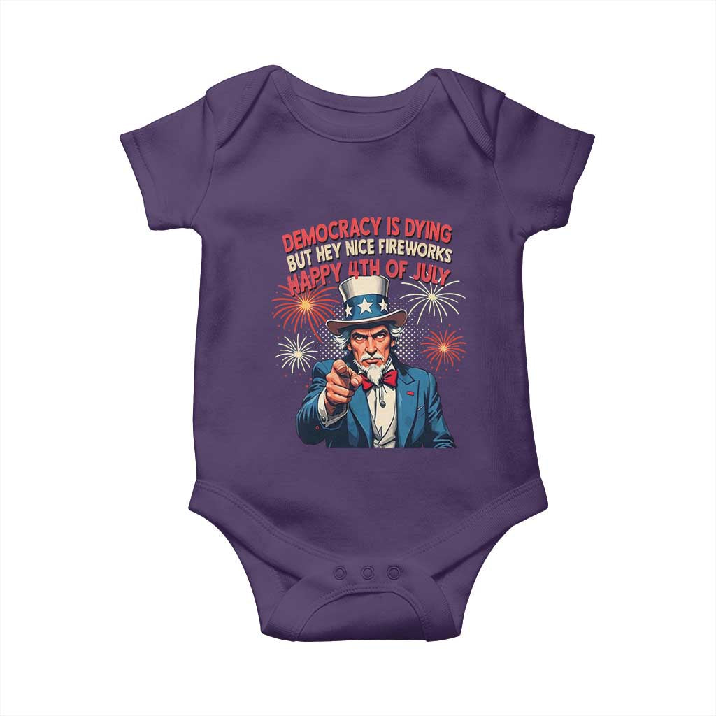 Funny 4th of July Democracy Is Dying Baby Onesie But Hey Nice Fireworks Satirical Uncle Sam - Wonder Print Shop