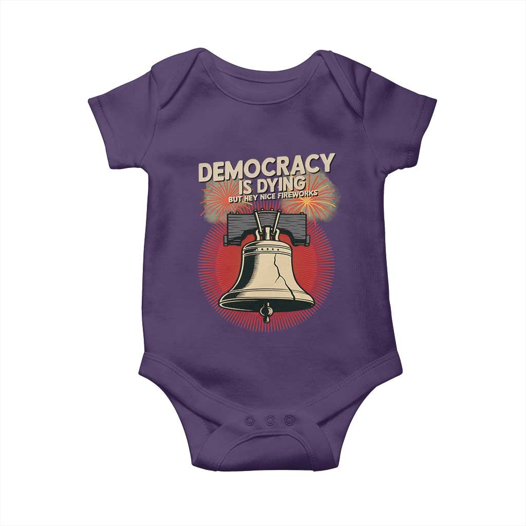 Retro 4th of July Liberty Bell Baby Onesie Democracy Is Dying But Hey Nice Fireworks Political Satire - Wonder Print Shop