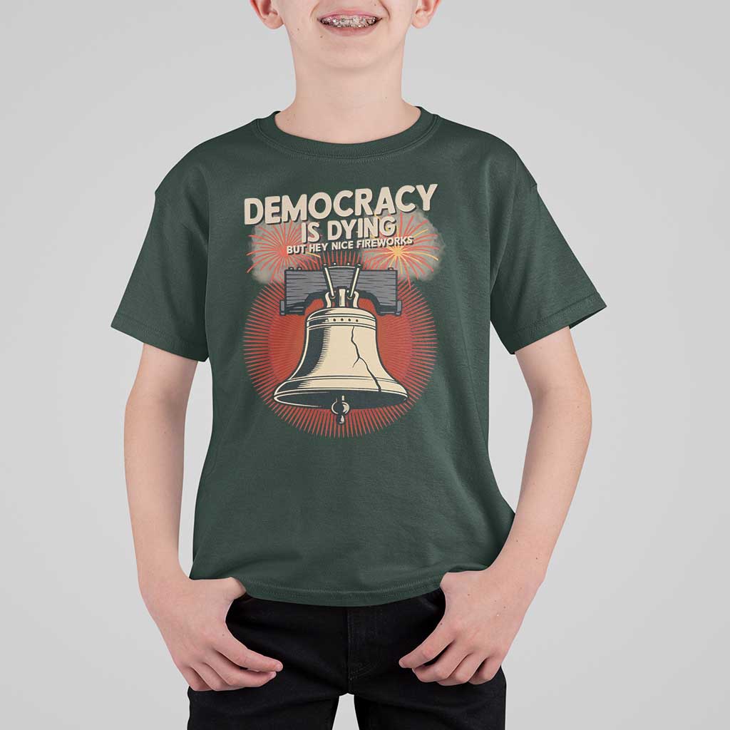 Retro 4th of July Liberty Bell T Shirt For Kid Democracy Is Dying But Hey Nice Fireworks Political Satire - Wonder Print Shop