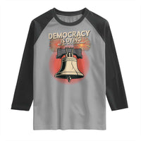 Retro 4th of July Liberty Bell Raglan Shirt Democracy Is Dying But Hey Nice Fireworks Political Satire - Wonder Print Shop