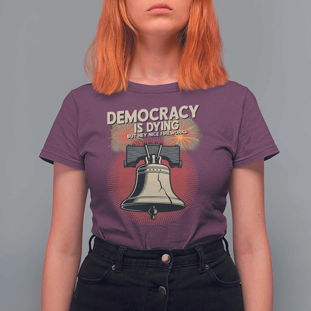 Retro 4th of July Liberty Bell T Shirt For Women Democracy Is Dying But Hey Nice Fireworks Political Satire - Wonder Print Shop