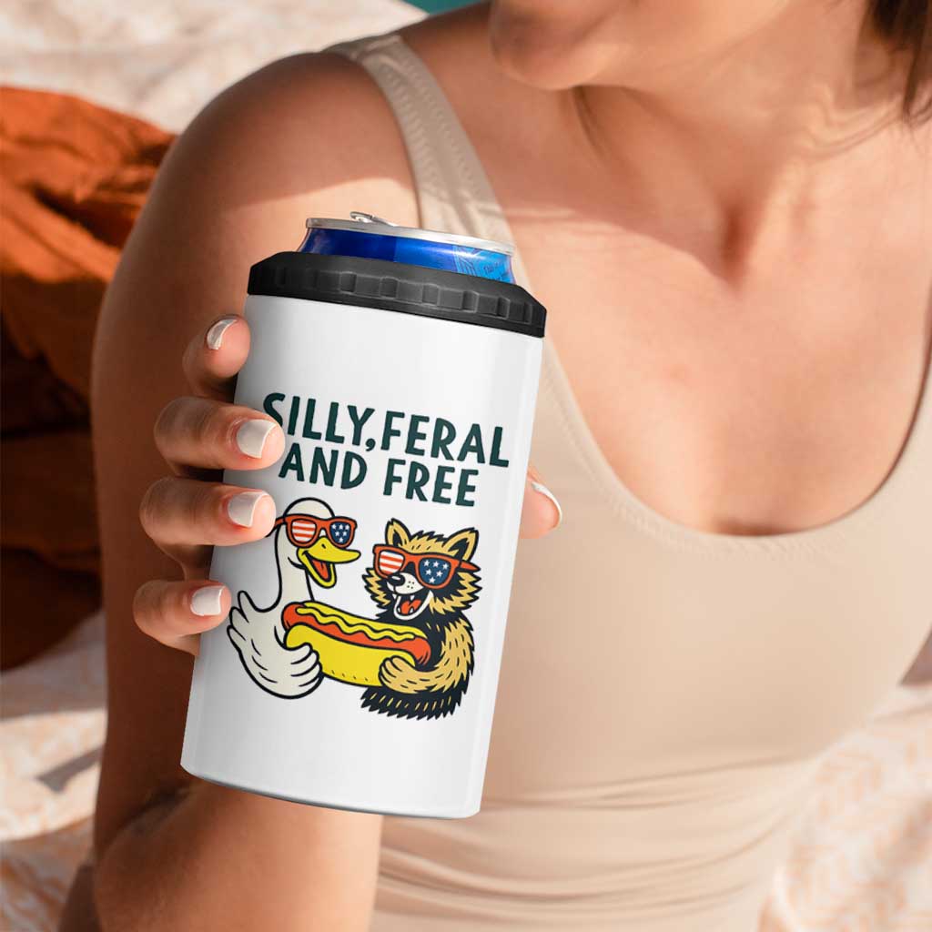 Silly Feral and Free 4 in 1 Can Cooler Tumbler Funny Goose and Raccoon 4th of July Patriotic - Wonder Print Shop