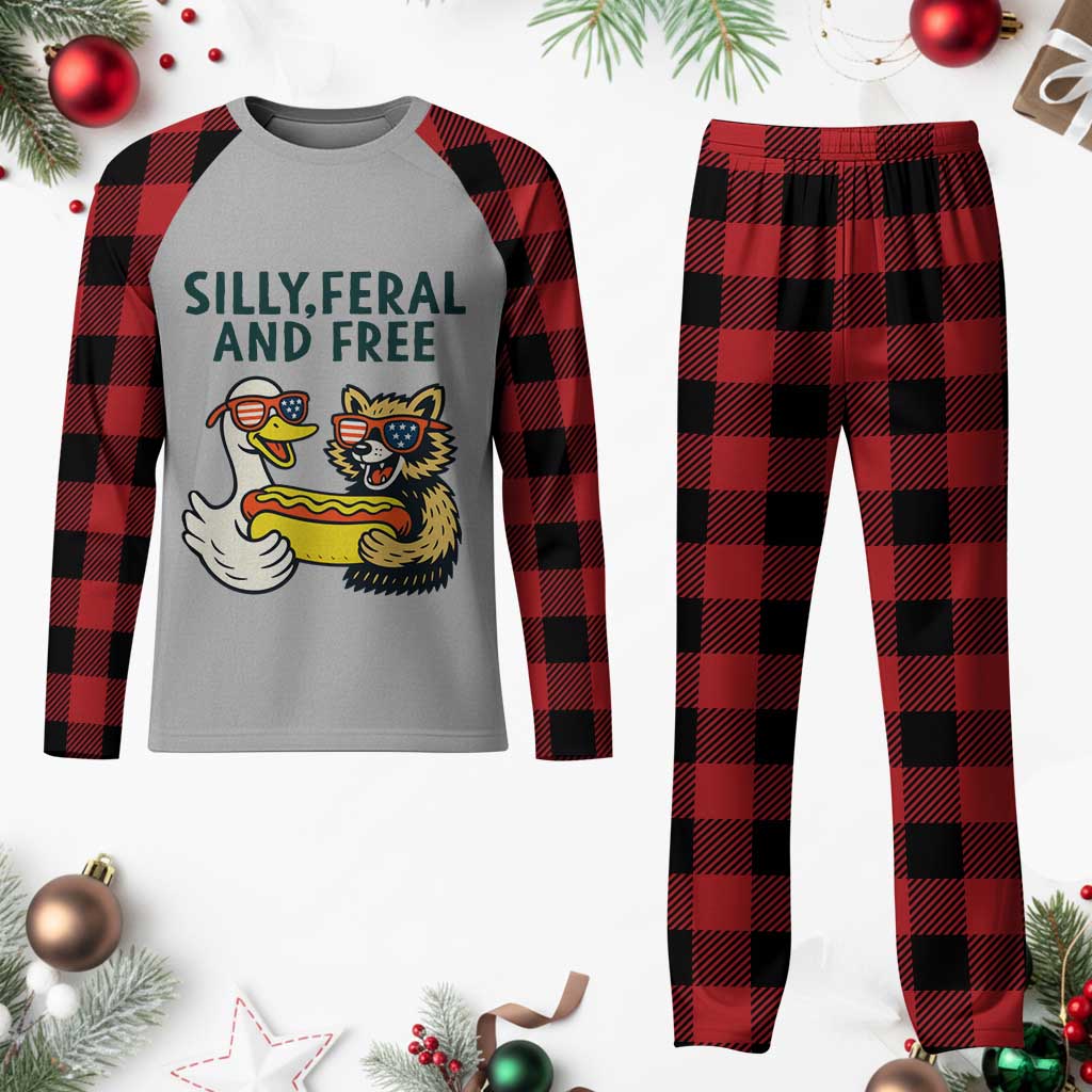 Silly Feral and Free Plaid Pajama Set Funny Goose and Raccoon 4th of July Patriotic - Wonder Print Shop