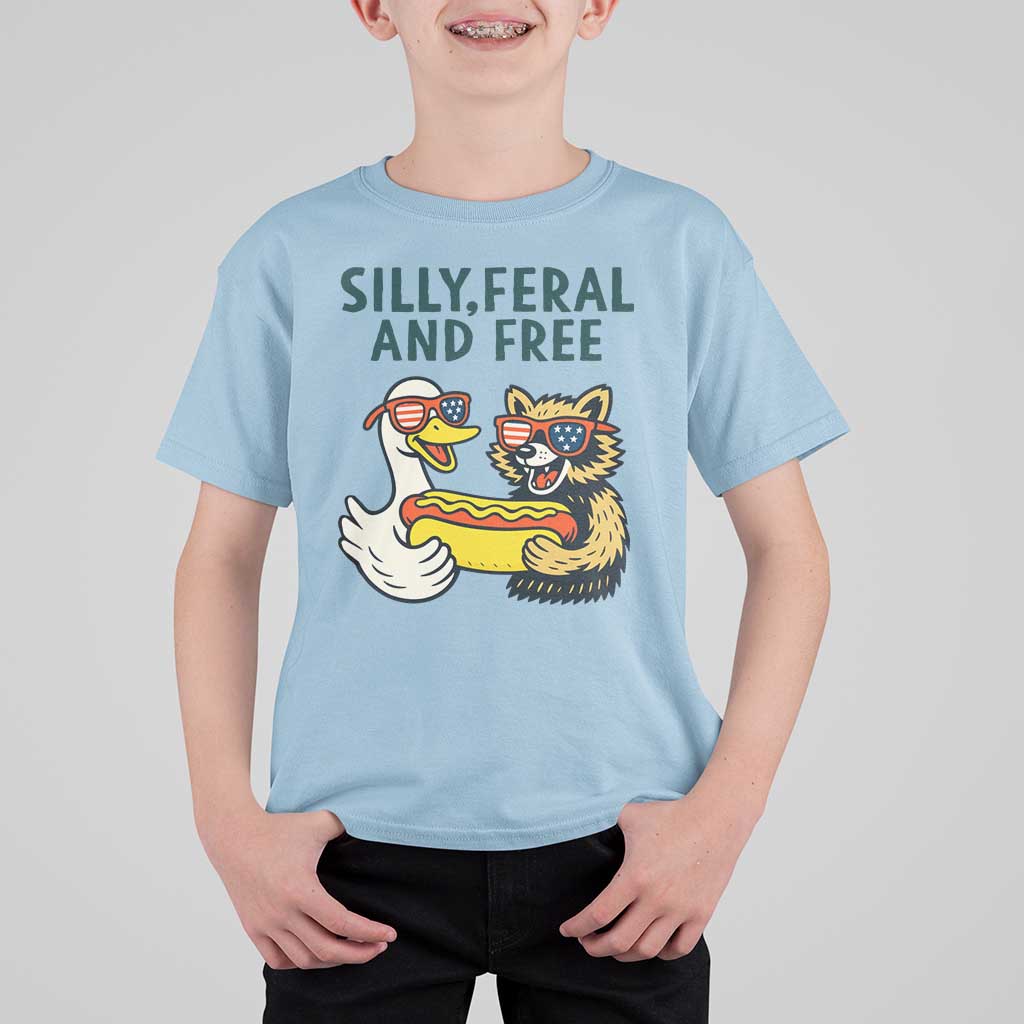 Silly Feral and Free T Shirt For Kid Funny Goose and Raccoon 4th of July Patriotic - Wonder Print Shop