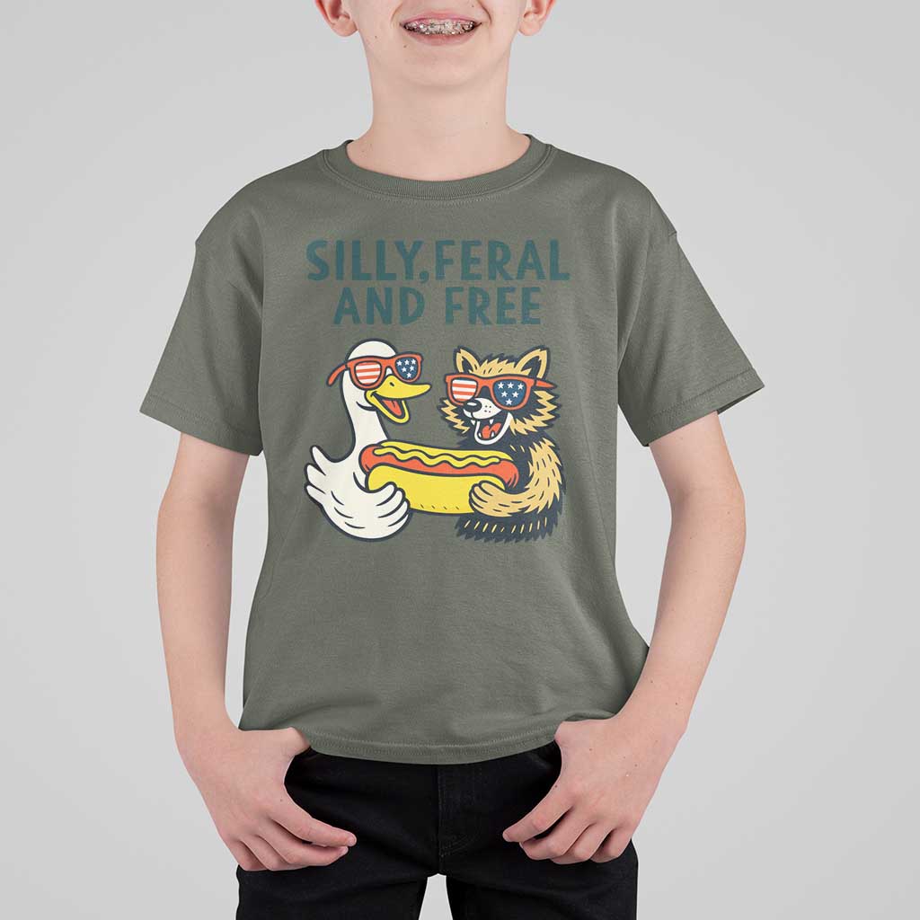 Silly Feral and Free T Shirt For Kid Funny Goose and Raccoon 4th of July Patriotic - Wonder Print Shop