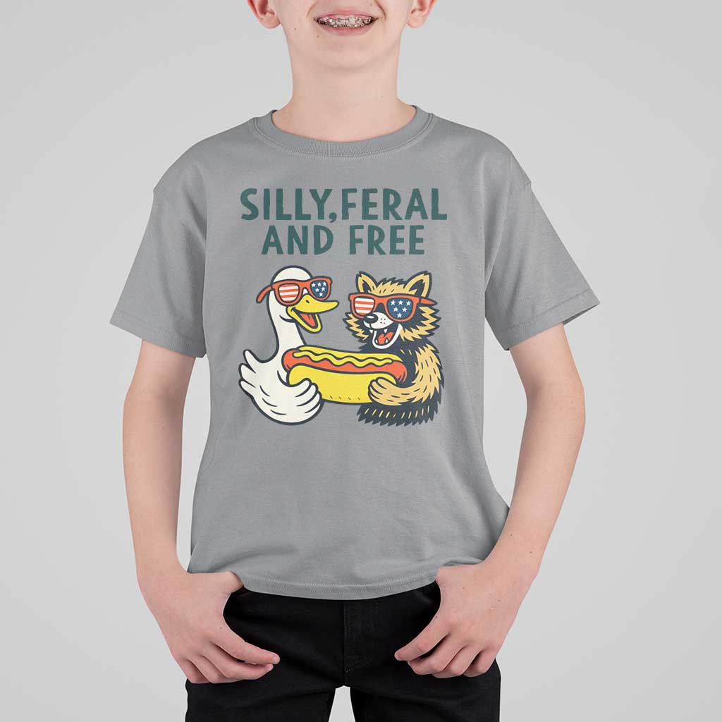 Silly Feral and Free T Shirt For Kid Funny Goose and Raccoon 4th of July Patriotic - Wonder Print Shop