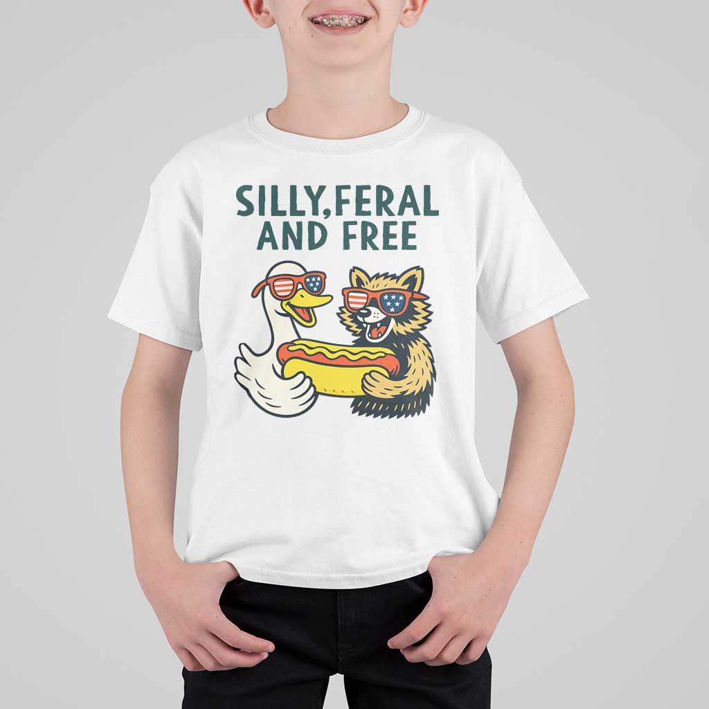 Silly Feral and Free T Shirt For Kid Funny Goose and Raccoon 4th of July Patriotic - Wonder Print Shop