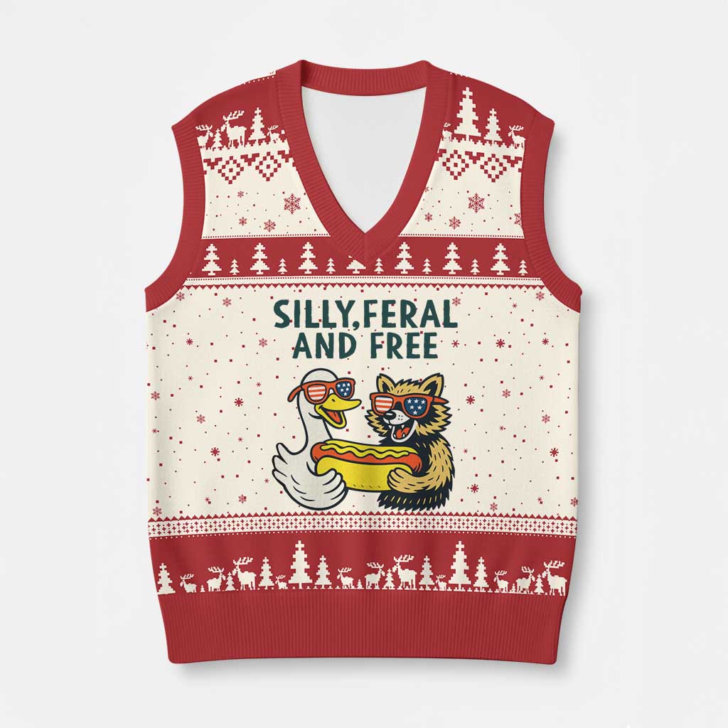 Silly Feral and Free V-Neck Knit Sweater Vest Funny Goose and Raccoon 4th of July Patriotic - Wonder Print Shop