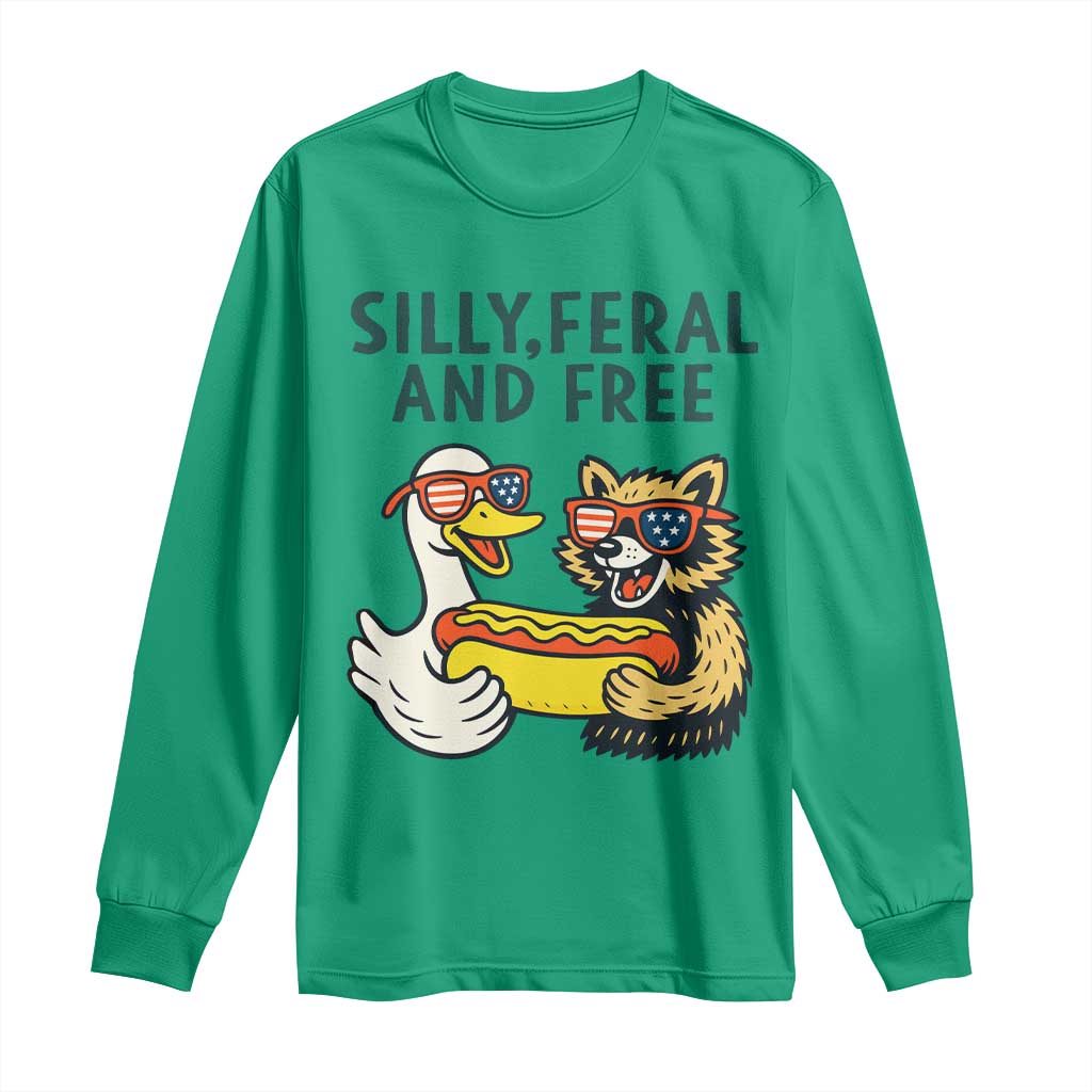 Silly Feral and Free Long Sleeve Shirt Funny Goose and Raccoon 4th of July Patriotic - Wonder Print Shop