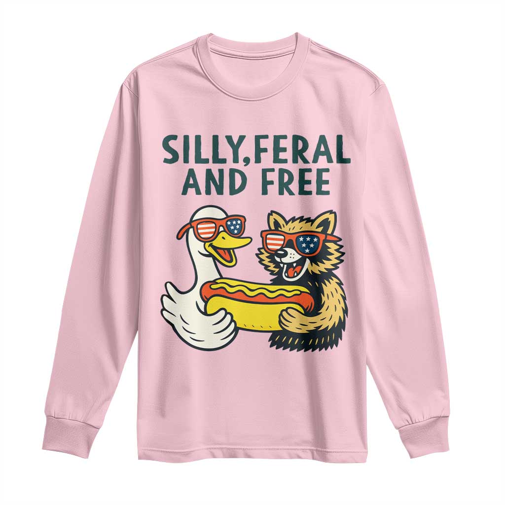 Silly Feral and Free Long Sleeve Shirt Funny Goose and Raccoon 4th of July Patriotic - Wonder Print Shop