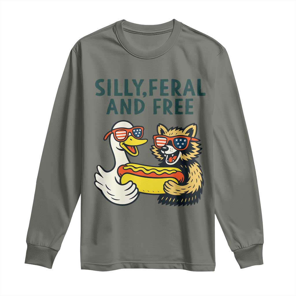 Silly Feral and Free Long Sleeve Shirt Funny Goose and Raccoon 4th of July Patriotic - Wonder Print Shop