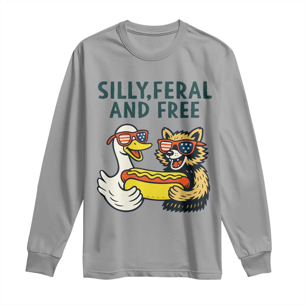 Silly Feral and Free Long Sleeve Shirt Funny Goose and Raccoon 4th of July Patriotic - Wonder Print Shop