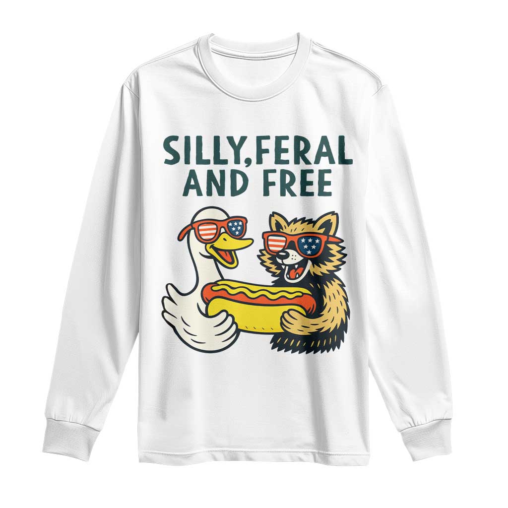Silly Feral and Free Long Sleeve Shirt Funny Goose and Raccoon 4th of July Patriotic - Wonder Print Shop