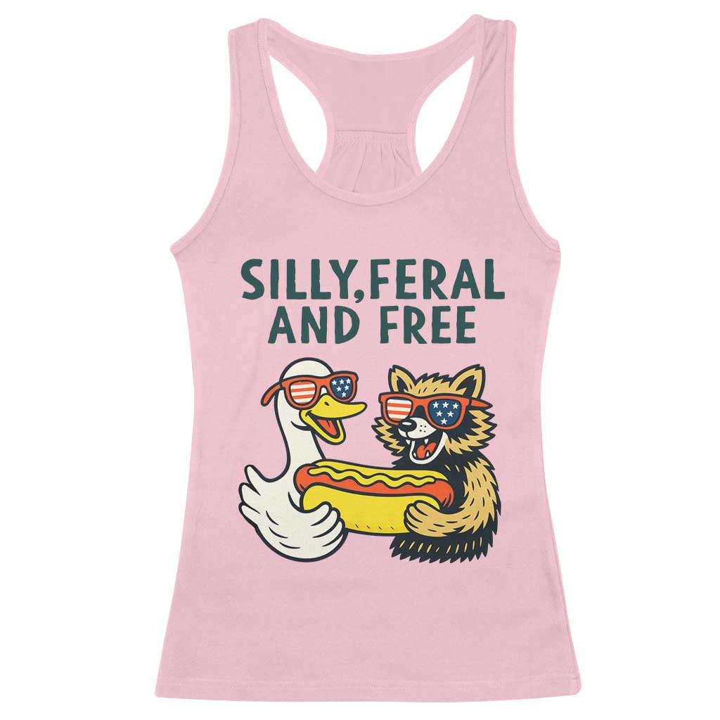 Silly Feral and Free Racerback Tank Top Funny Goose and Raccoon 4th of July Patriotic - Wonder Print Shop