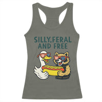 Silly Feral and Free Racerback Tank Top Funny Goose and Raccoon 4th of July Patriotic - Wonder Print Shop