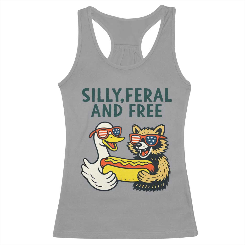 Silly Feral and Free Racerback Tank Top Funny Goose and Raccoon 4th of July Patriotic - Wonder Print Shop