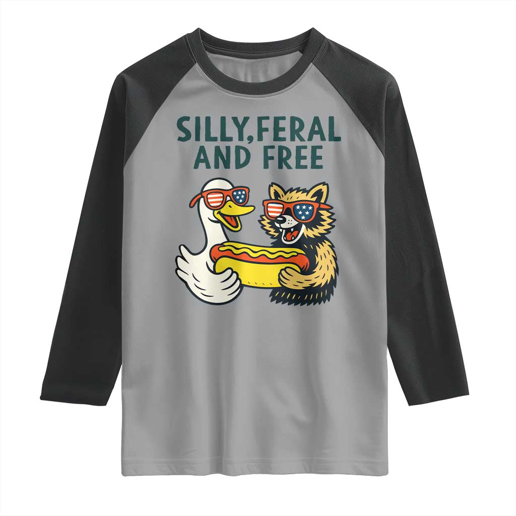 Silly Feral and Free Raglan Shirt Funny Goose and Raccoon 4th of July Patriotic - Wonder Print Shop