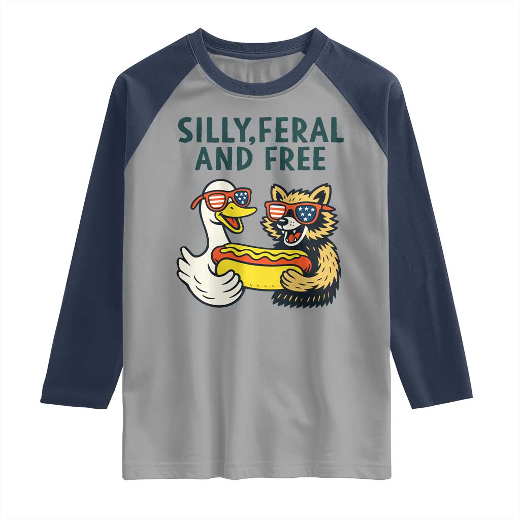 Silly Feral and Free Raglan Shirt Funny Goose and Raccoon 4th of July Patriotic - Wonder Print Shop