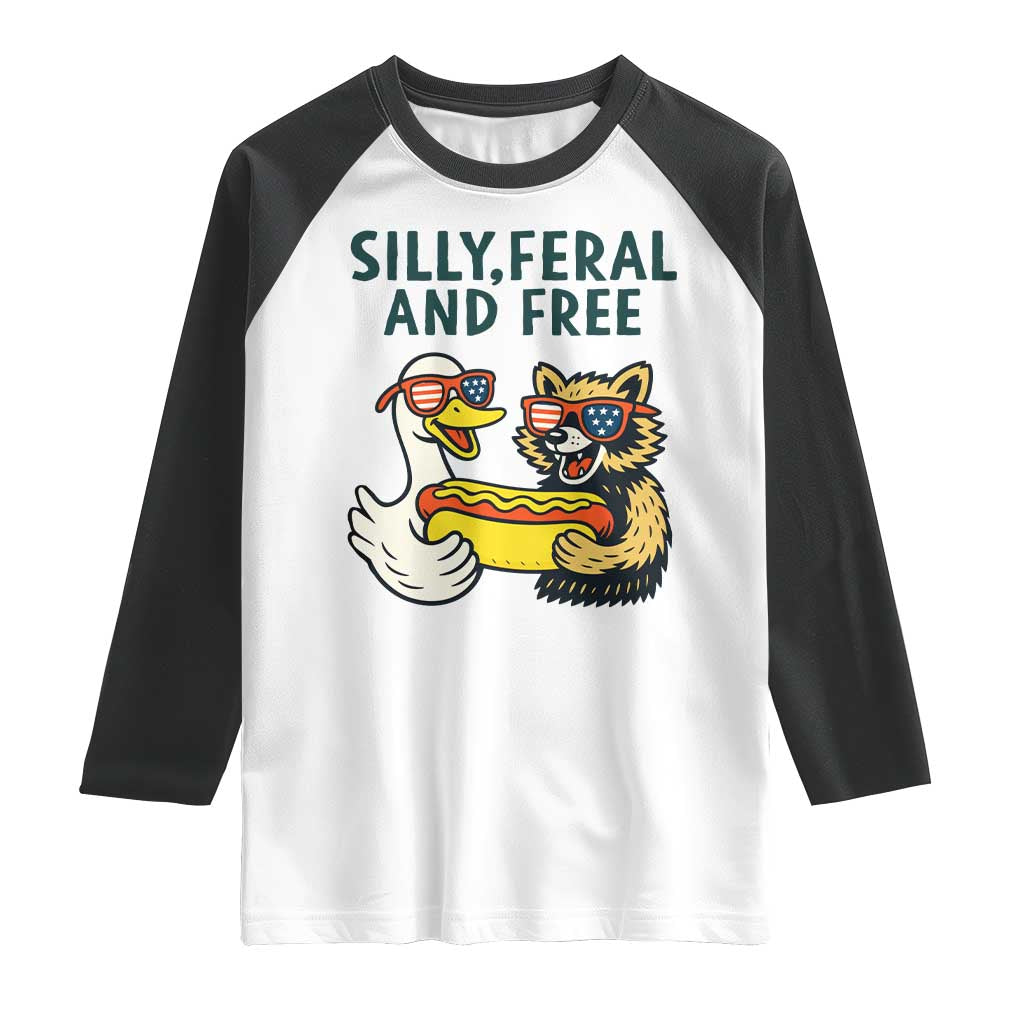 Silly Feral and Free Raglan Shirt Funny Goose and Raccoon 4th of July Patriotic - Wonder Print Shop