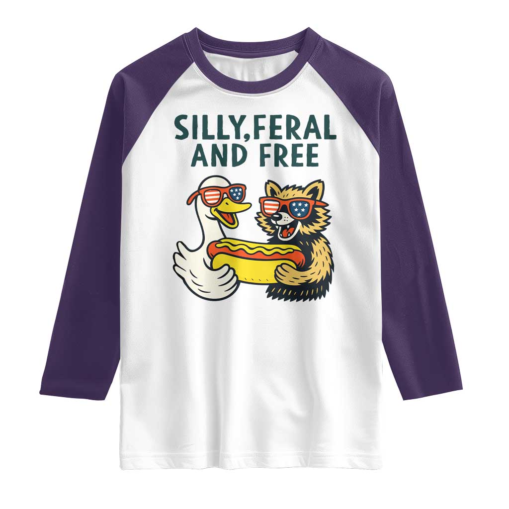Silly Feral and Free Raglan Shirt Funny Goose and Raccoon 4th of July Patriotic - Wonder Print Shop