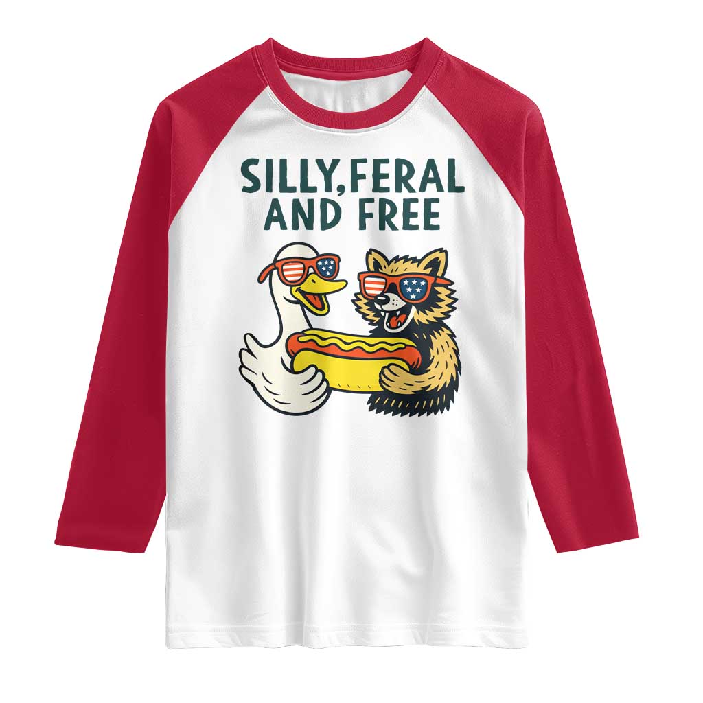 Silly Feral and Free Raglan Shirt Funny Goose and Raccoon 4th of July Patriotic - Wonder Print Shop