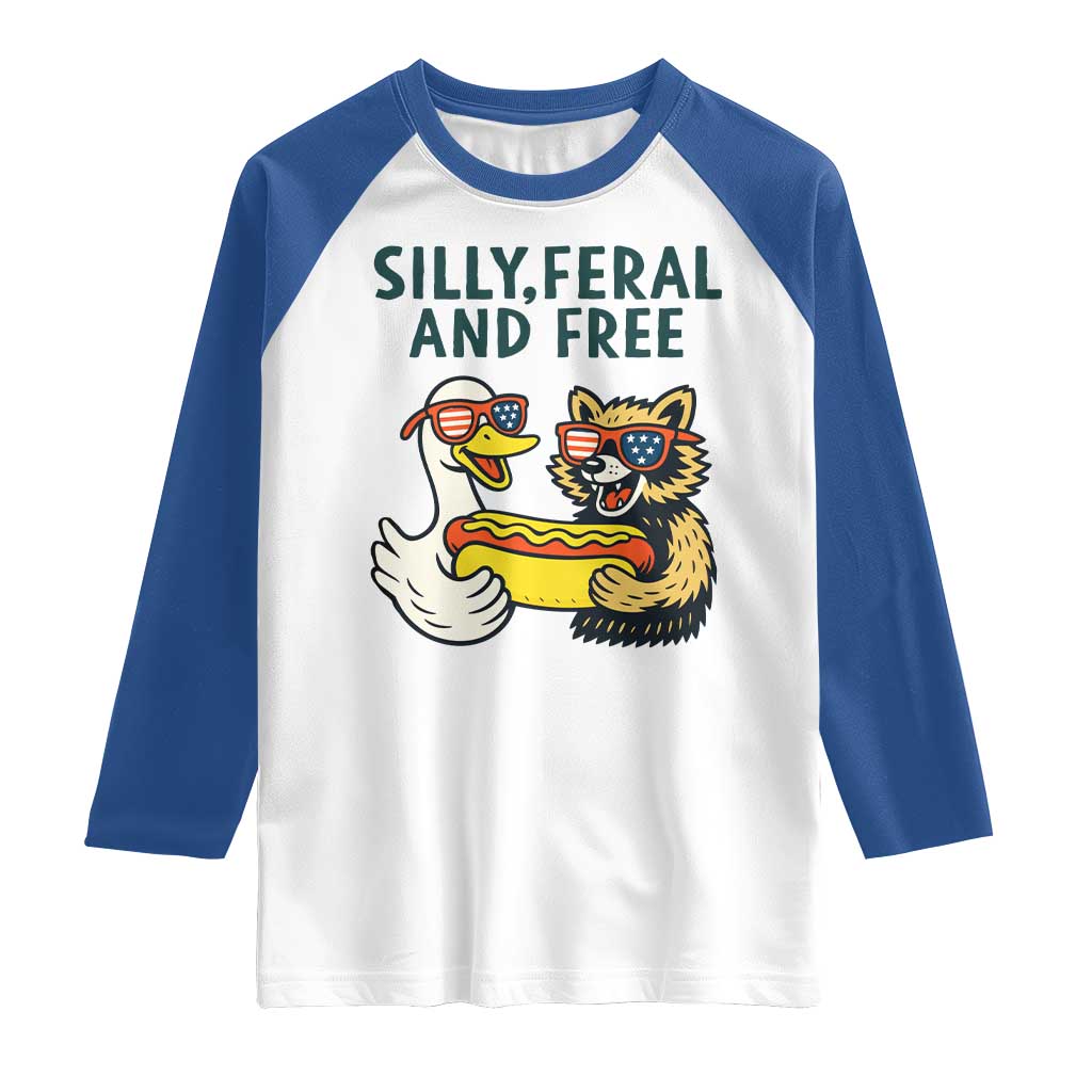 Silly Feral and Free Raglan Shirt Funny Goose and Raccoon 4th of July Patriotic - Wonder Print Shop