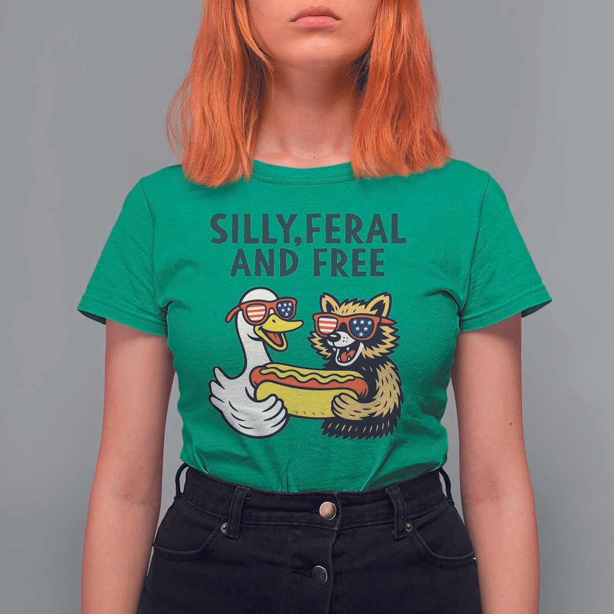 Silly Feral and Free T Shirt For Women Funny Goose and Raccoon 4th of July Patriotic - Wonder Print Shop