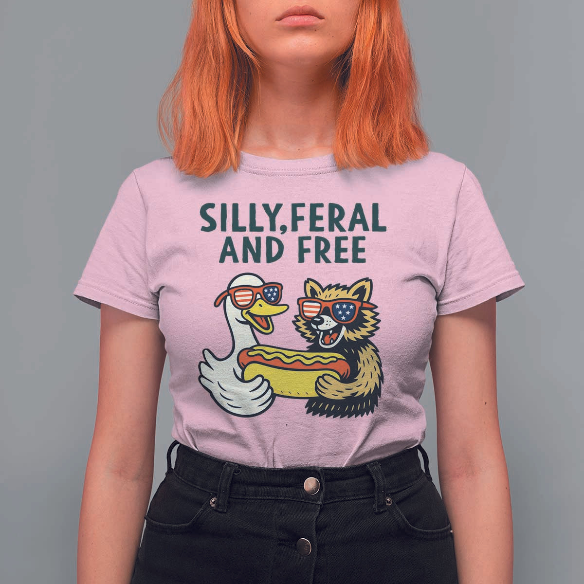 Silly Feral and Free T Shirt For Women Funny Goose and Raccoon 4th of July Patriotic - Wonder Print Shop