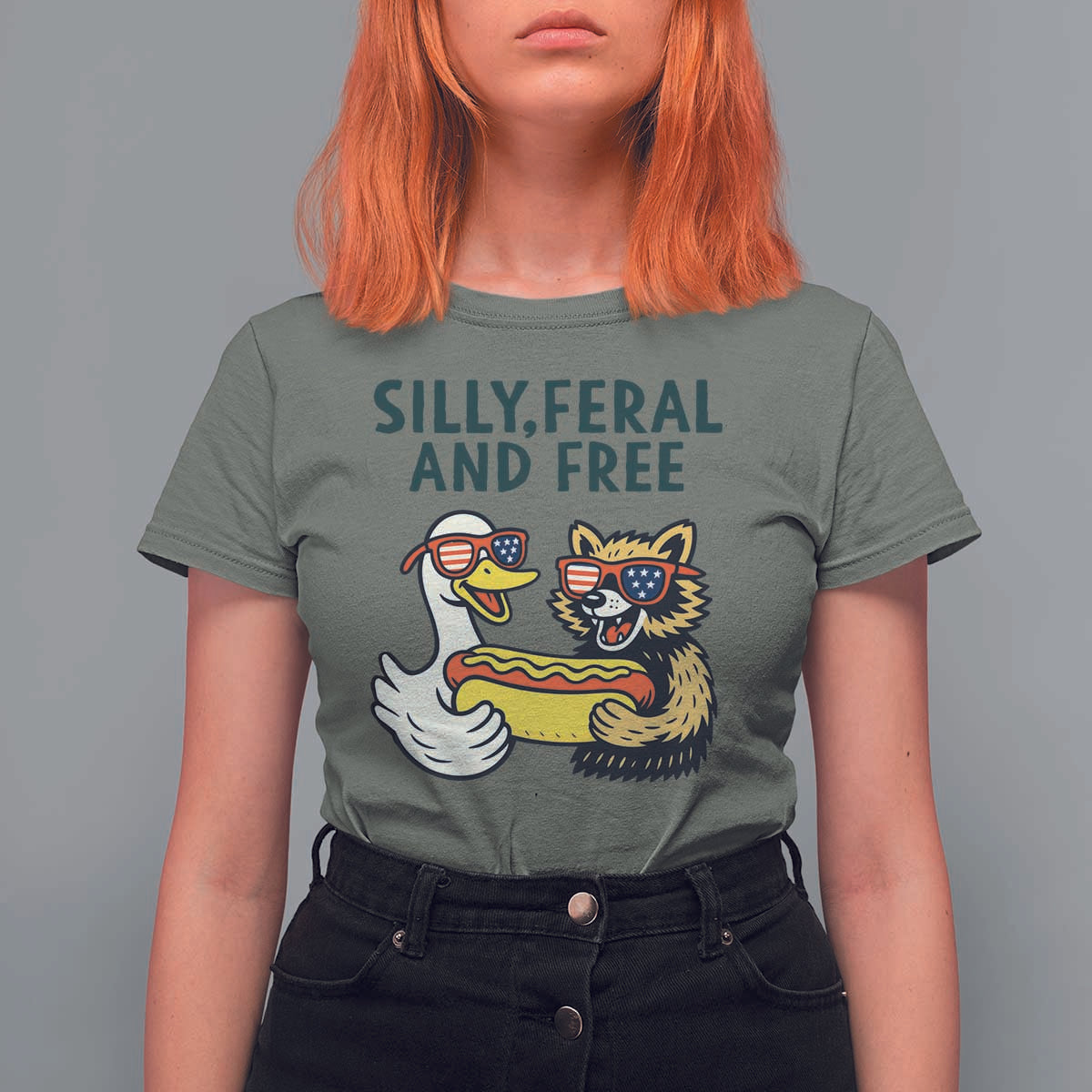 Silly Feral and Free T Shirt For Women Funny Goose and Raccoon 4th of July Patriotic - Wonder Print Shop