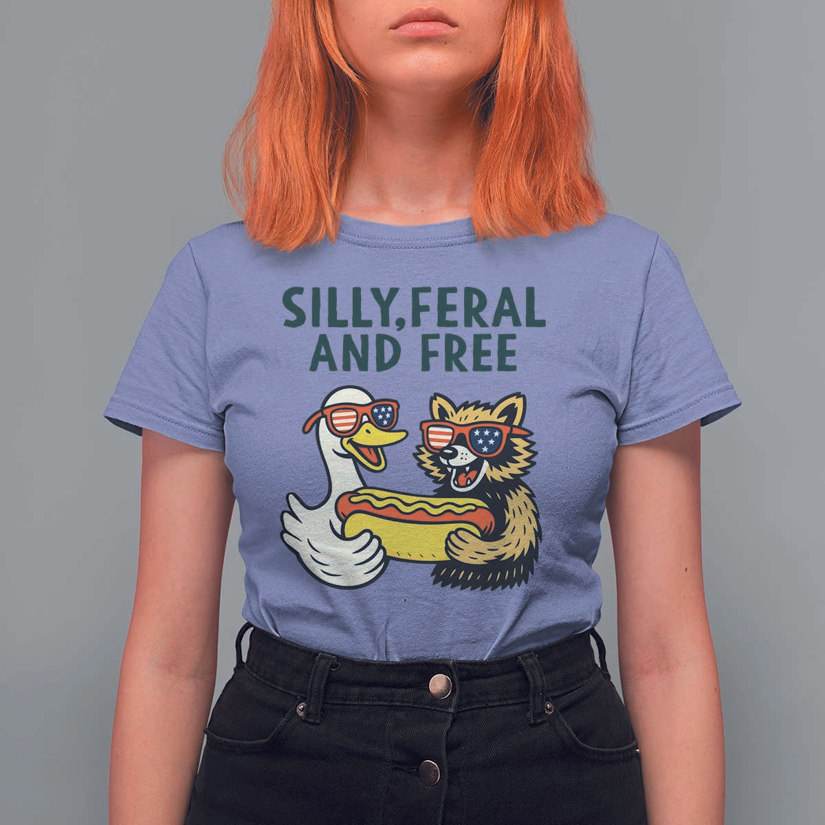 Silly Feral and Free T Shirt For Women Funny Goose and Raccoon 4th of July Patriotic - Wonder Print Shop