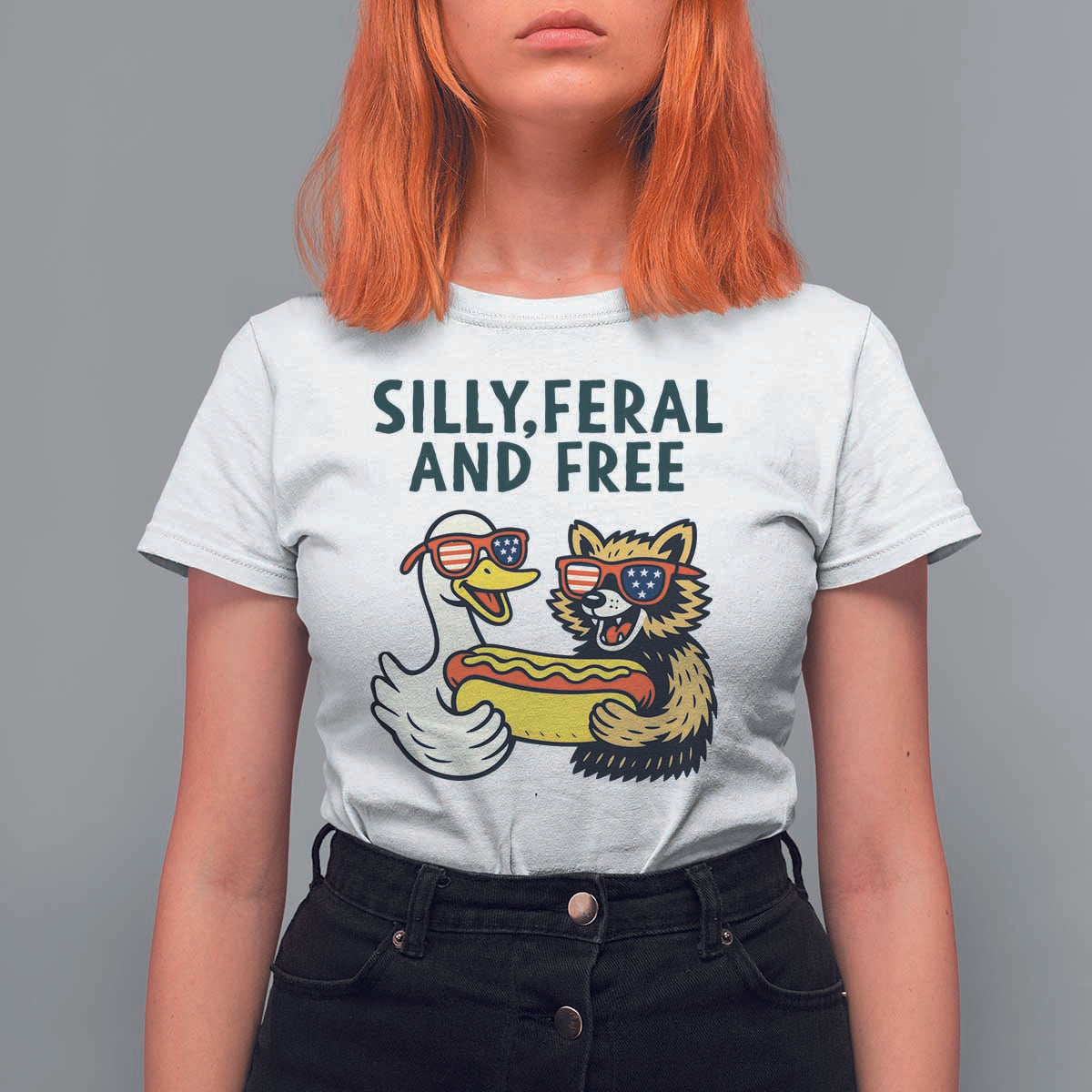 Silly Feral and Free T Shirt For Women Funny Goose and Raccoon 4th of July Patriotic - Wonder Print Shop