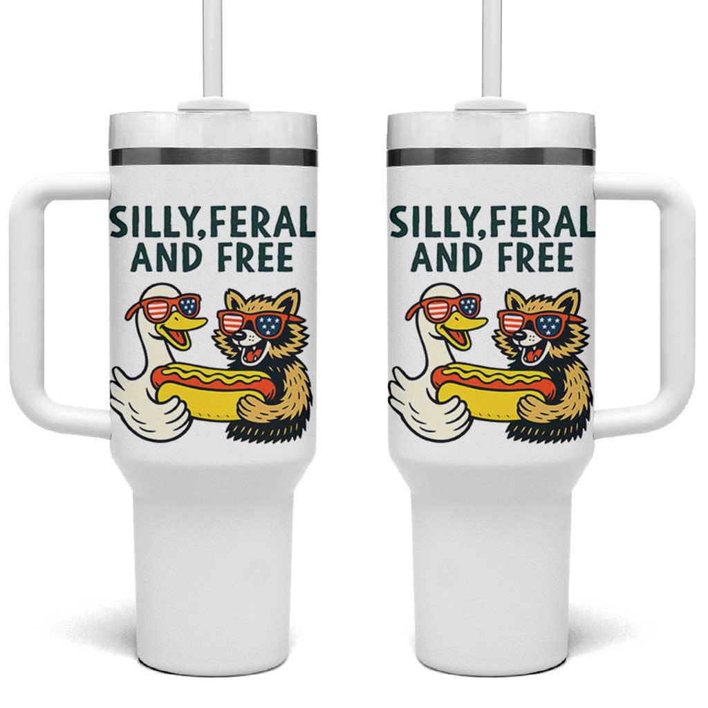 Silly Feral and Free Tumbler With Handle Funny Goose and Raccoon 4th of July Patriotic - Wonder Print Shop