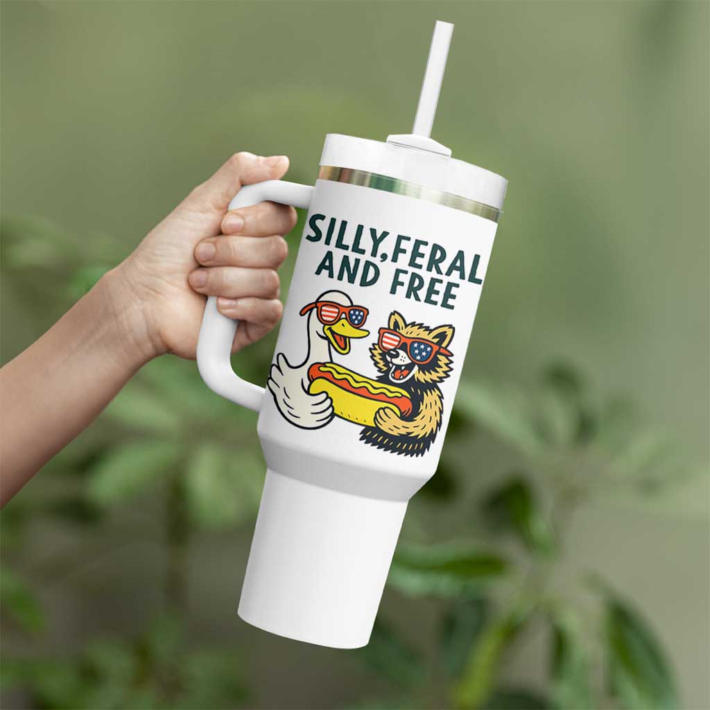Silly Feral and Free Tumbler With Handle Funny Goose and Raccoon 4th of July Patriotic - Wonder Print Shop
