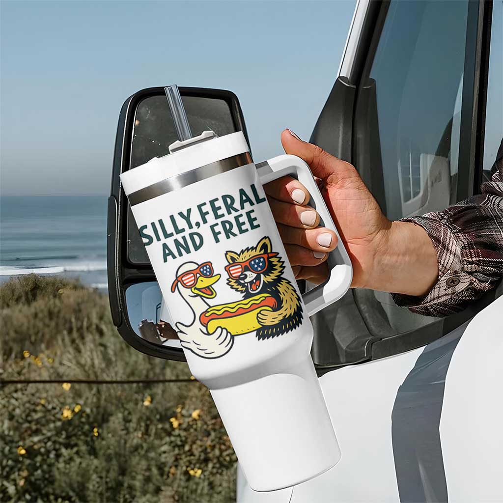 Silly Feral and Free Tumbler With Handle Funny Goose and Raccoon 4th of July Patriotic - Wonder Print Shop