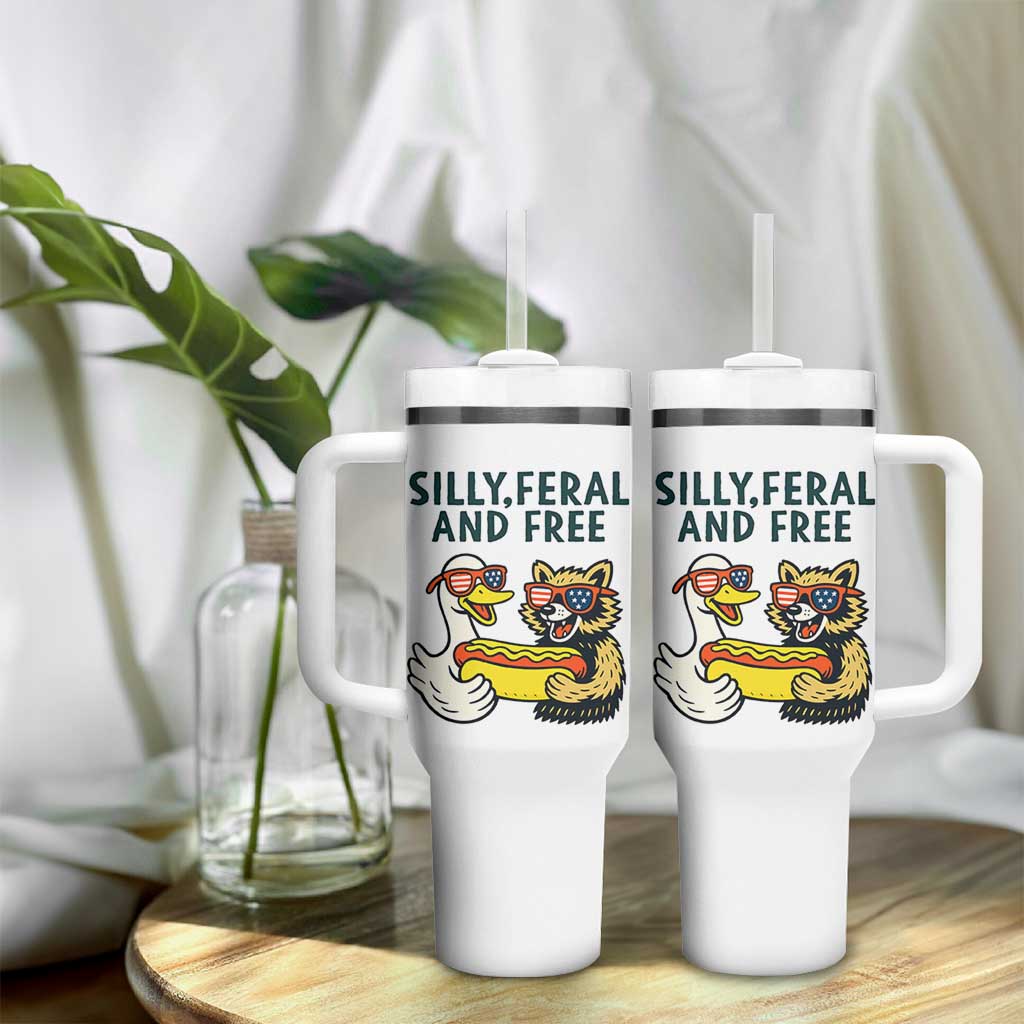 Silly Feral and Free Tumbler With Handle Funny Goose and Raccoon 4th of July Patriotic - Wonder Print Shop