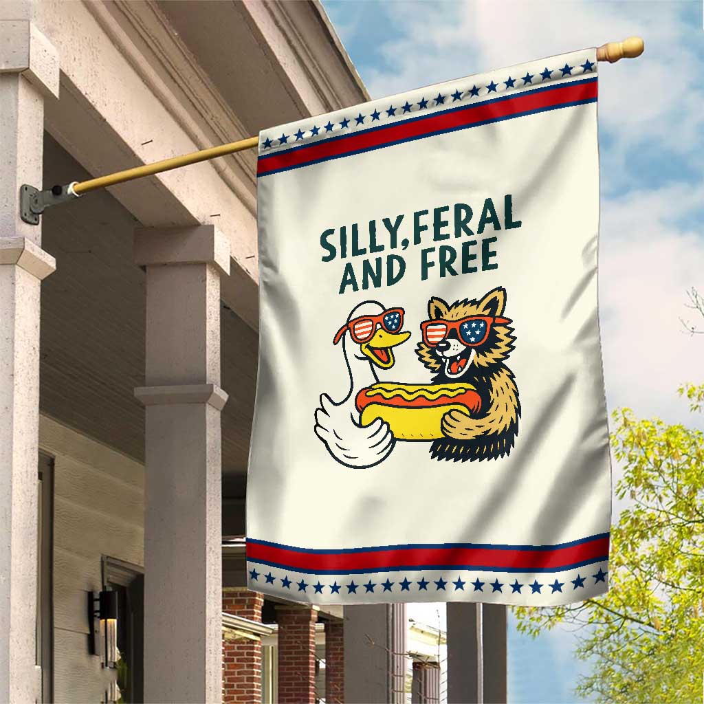 Silly Feral and Free Garden Flag Funny Goose and Raccoon 4th of July Patriotic