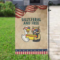Silly Feral and Free Garden Flag Funny Goose and Raccoon 4th of July Patriotic
