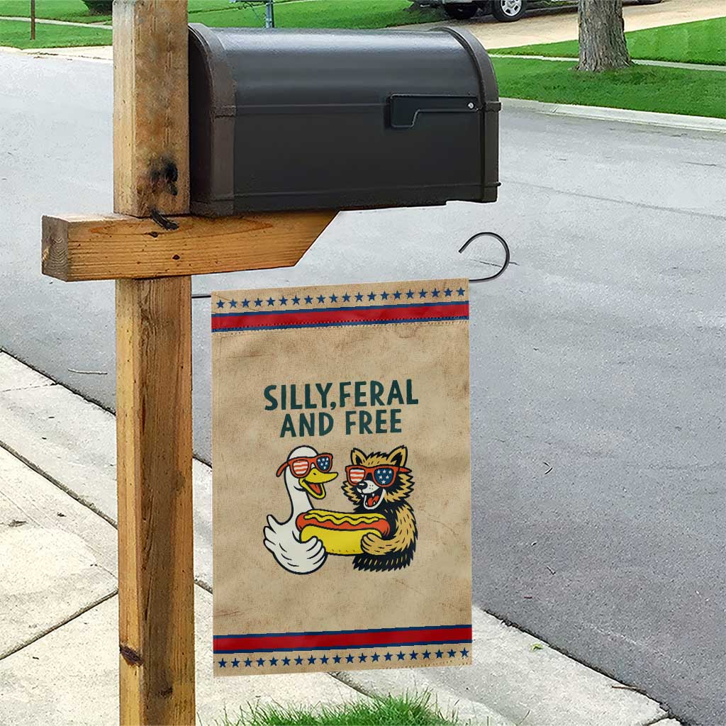 Silly Feral and Free Garden Flag Funny Goose and Raccoon 4th of July Patriotic