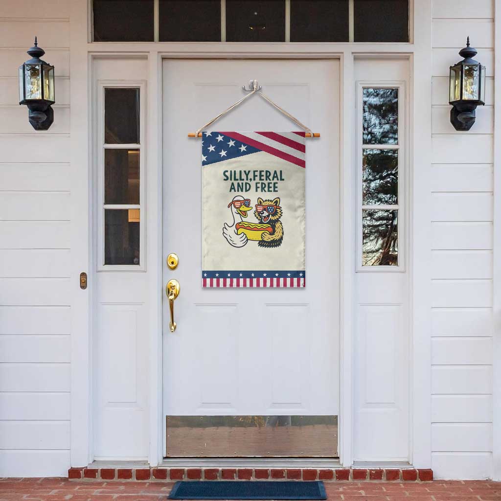 Silly Feral and Free Garden Flag Funny Goose and Raccoon 4th of July Patriotic