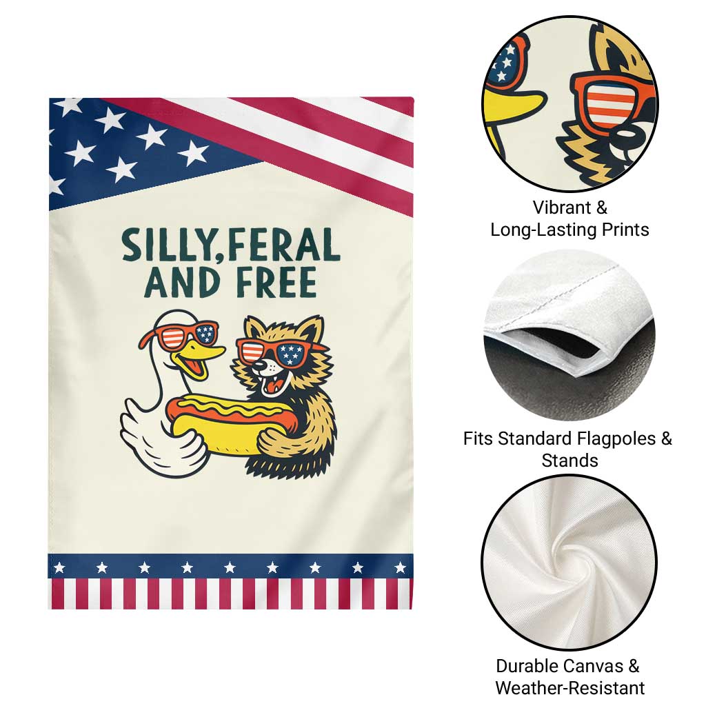 Silly Feral and Free Garden Flag Funny Goose and Raccoon 4th of July Patriotic