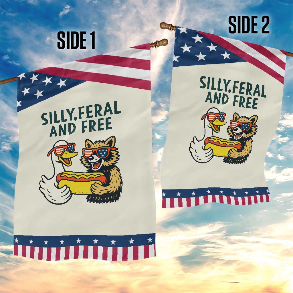 Silly Feral and Free Garden Flag Funny Goose and Raccoon 4th of July Patriotic