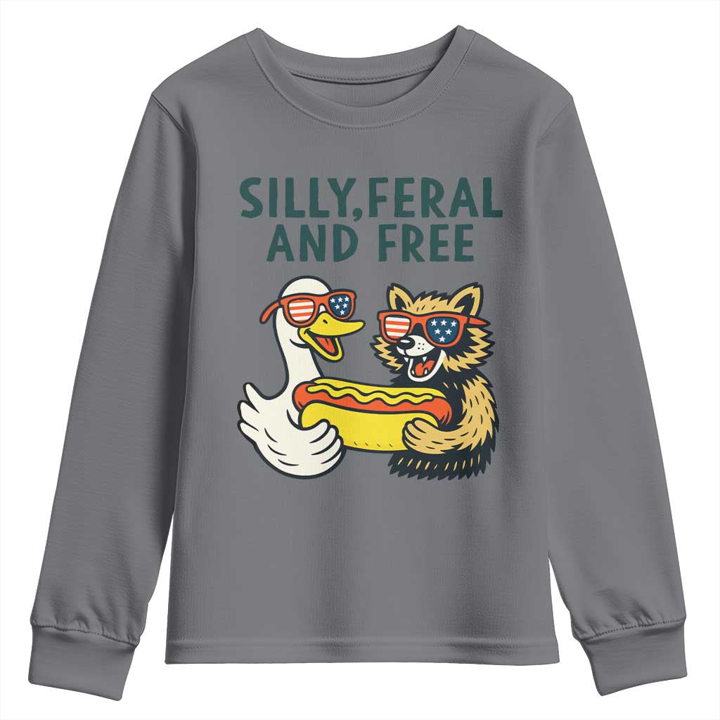 Silly Feral and Free Youth Sweatshirt Funny Goose and Raccoon 4th of July Patriotic - Wonder Print Shop