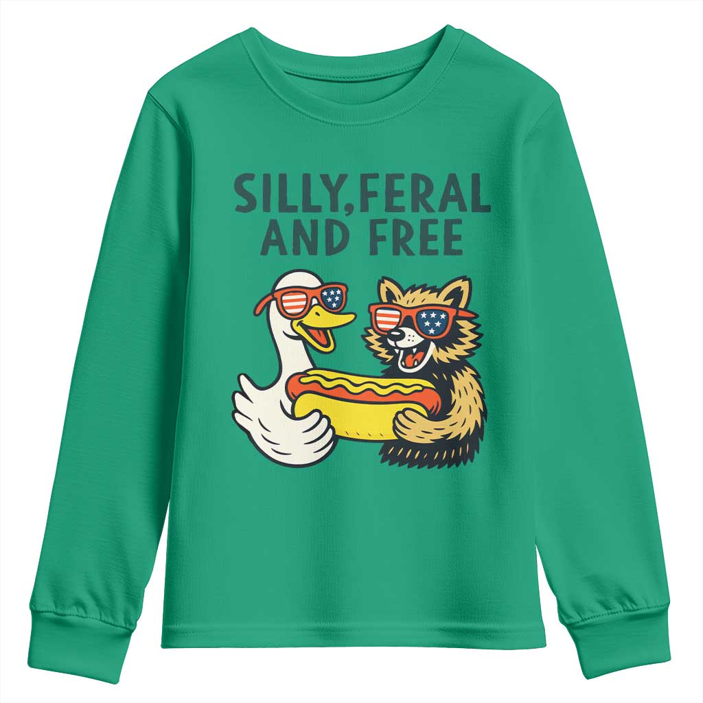 Silly Feral and Free Youth Sweatshirt Funny Goose and Raccoon 4th of July Patriotic - Wonder Print Shop
