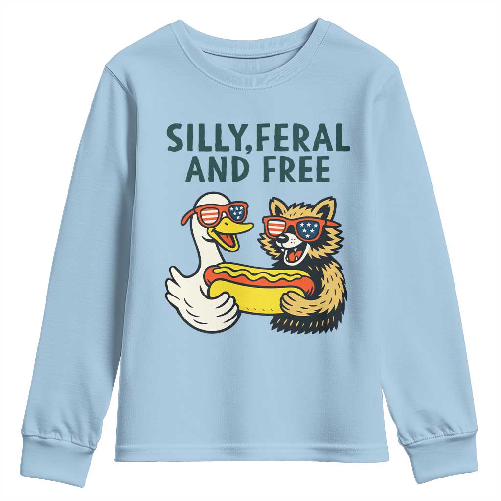 Silly Feral and Free Youth Sweatshirt Funny Goose and Raccoon 4th of July Patriotic - Wonder Print Shop