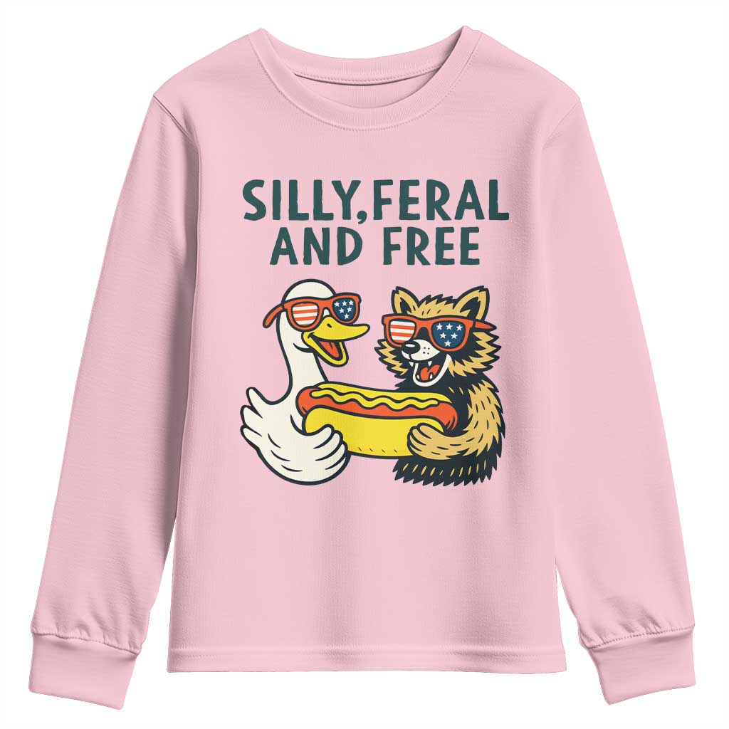 Silly Feral and Free Youth Sweatshirt Funny Goose and Raccoon 4th of July Patriotic - Wonder Print Shop